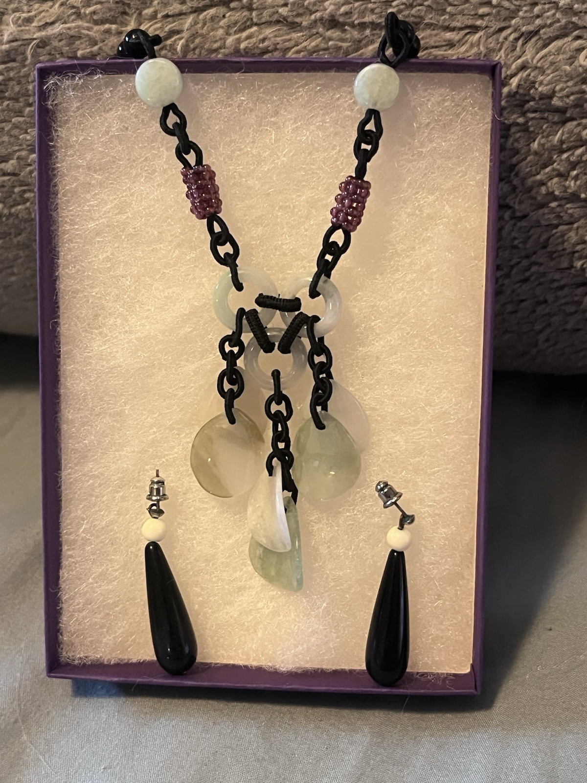 Lori Anderson Designs Handmade Artisan Necklace Earrings Set Black White Teal