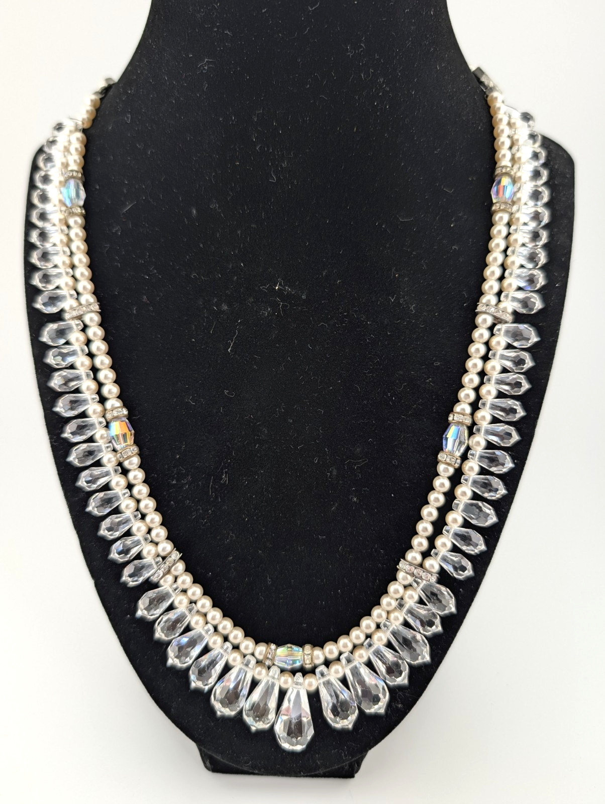Vtg Double Strand Graduated Crystal Teardrop Beads & Faux Pearl Necklace 65g