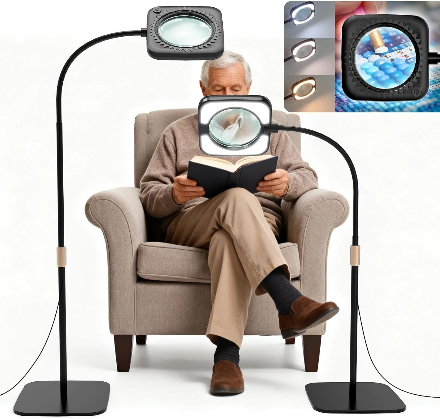 10X Large Floor Magnifying Glass with Light and Stand, 54 LED Flexible Gooseneck