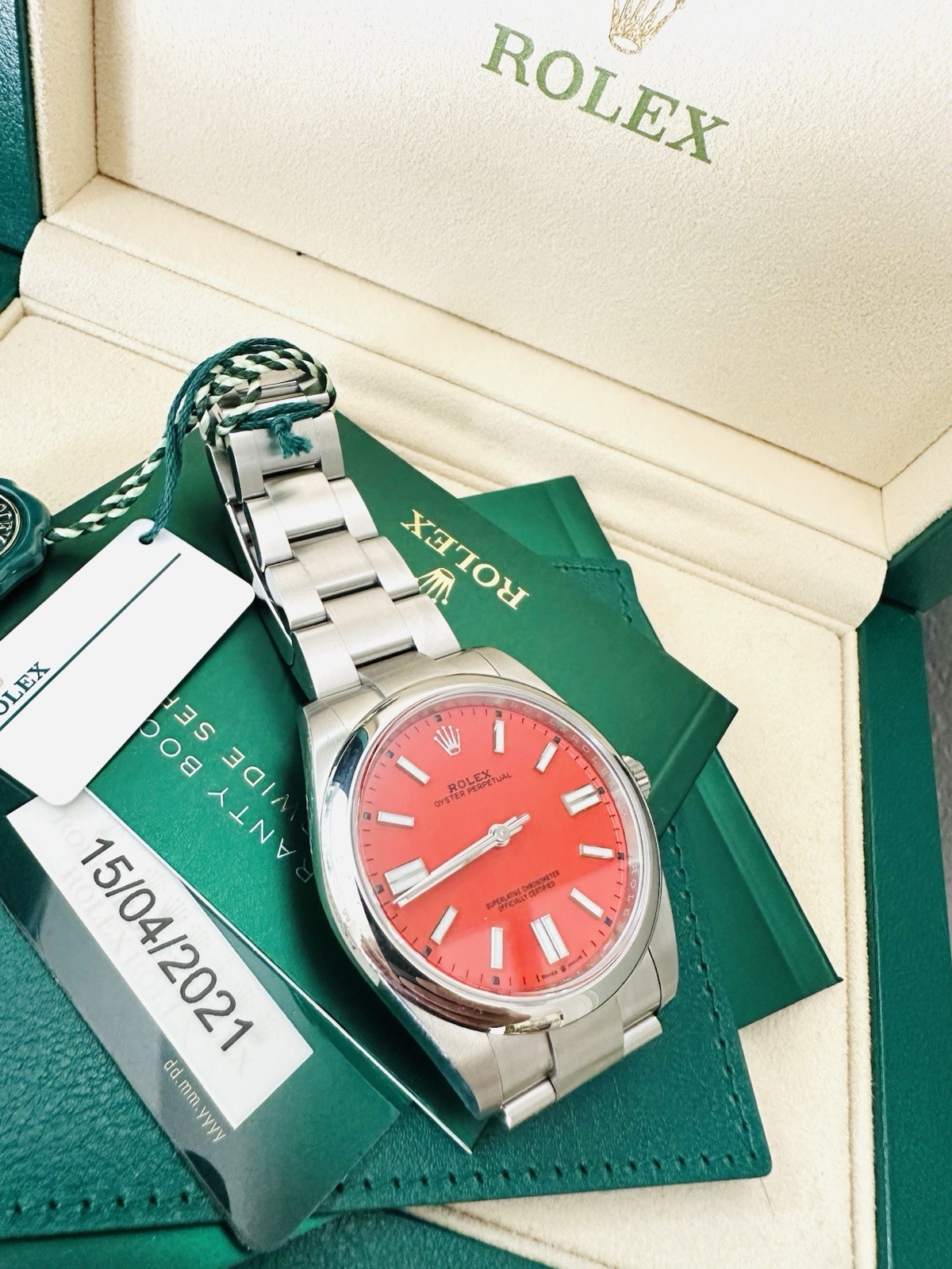 Men’s Rolex Oyster Perpetua1 41mm Ref 124300 Factory Coral Red Dial ~Box & Paper
