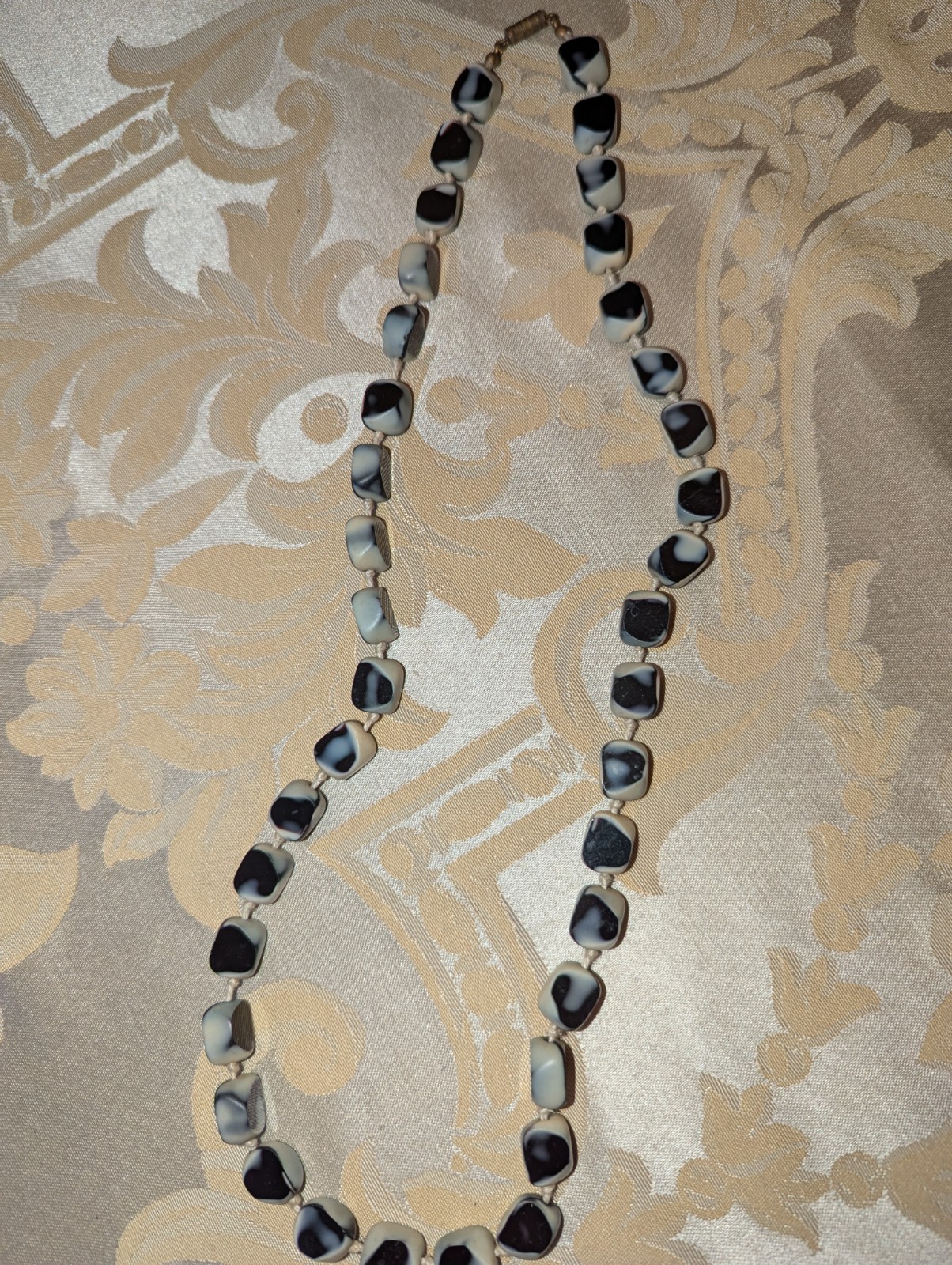 Vintage Black, Gray, White Marbled Glass Beaded Necklace