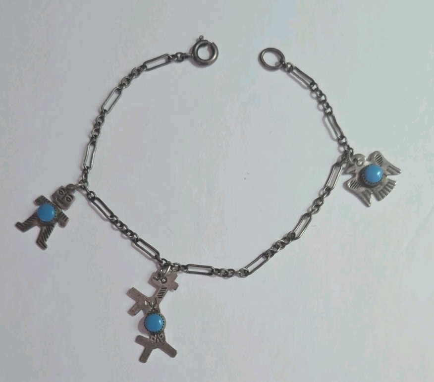 Vintage Navajo Sterling Silver 7.5″ Charm Bracelet Turquoise, Fred Harvey Era