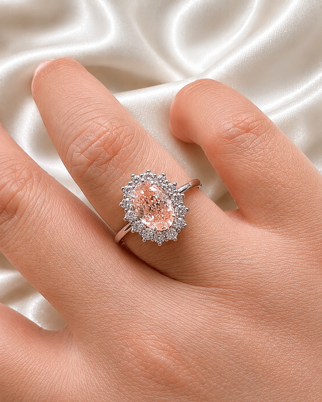 3.45 Carat Fancy Vivid Pink Oval Cut IGI Lab Created Diamond Ring 14k White Gold