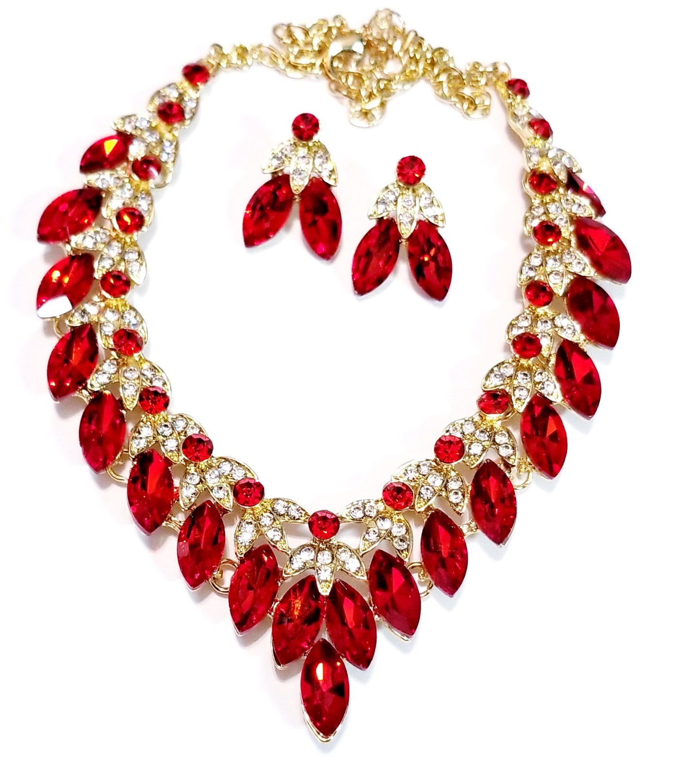 Red Crystal Choker Rhinestone Necklace Earring Set Bridal Prom Pageant