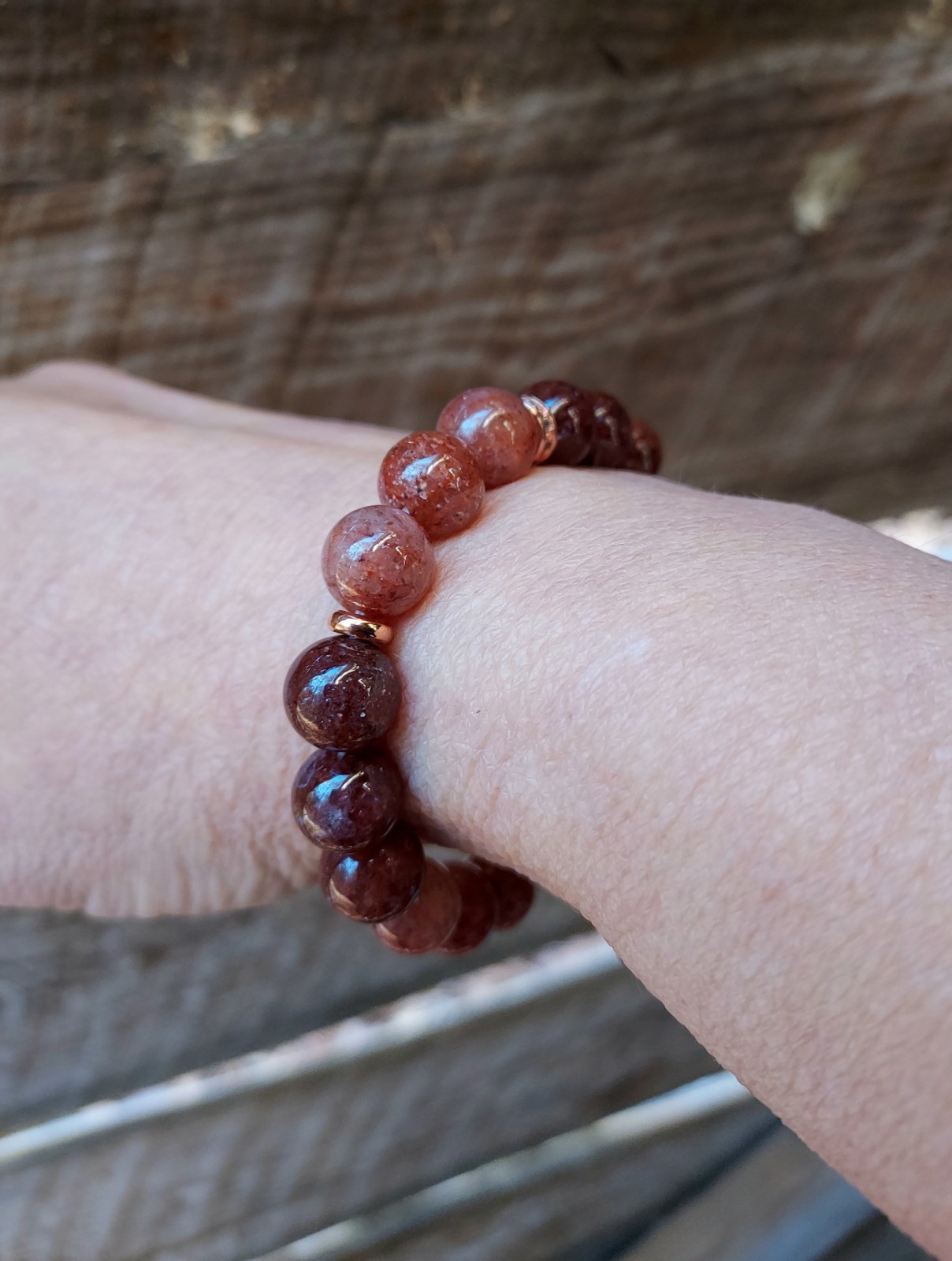 Red Phantom Quartz Gem Bead Bracelet In Rose Gold Stretch One of a Kind 6.75″