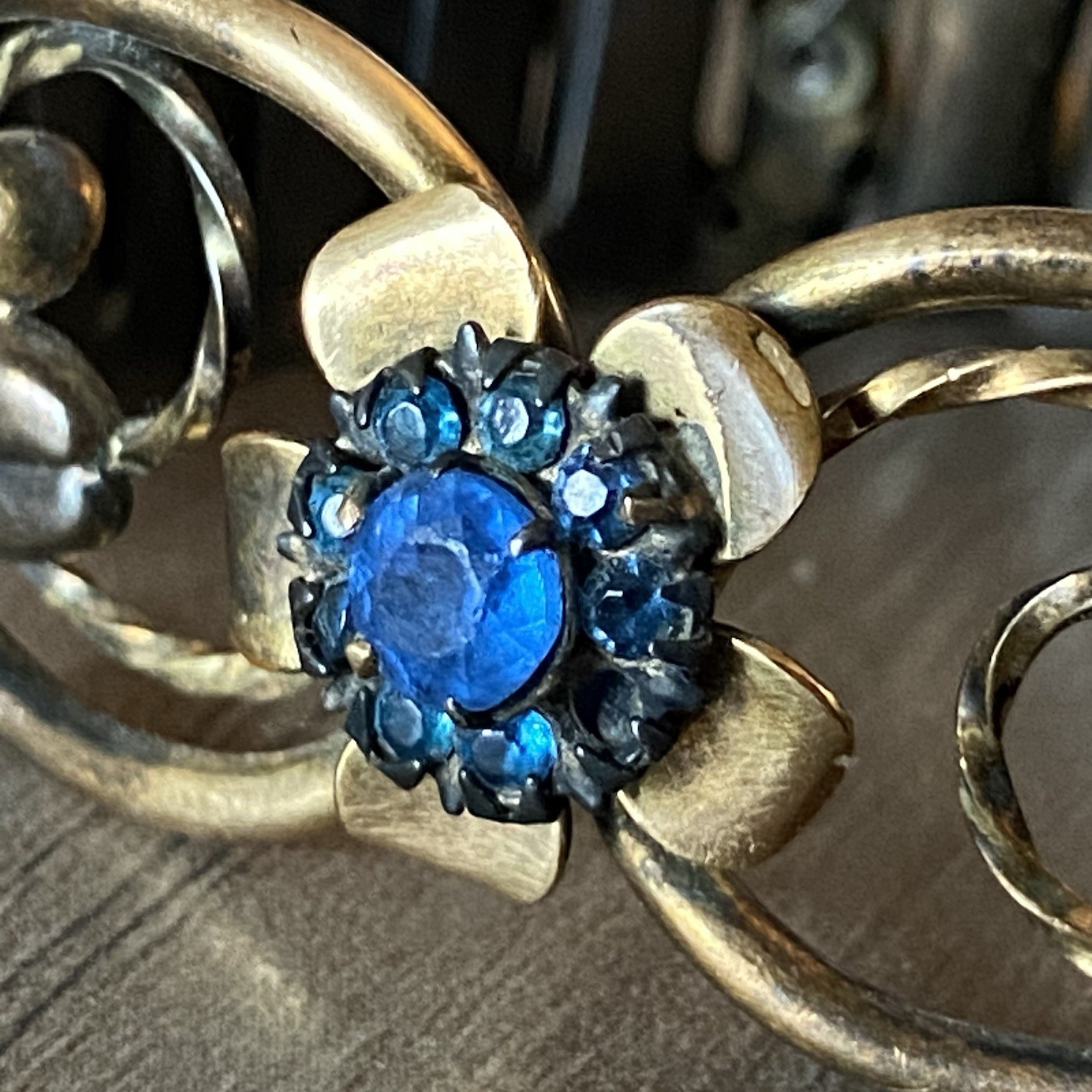 Vintage Lustern Bracelet 12K Gold Filled on Sterling w/Blue Gem Floral Accent