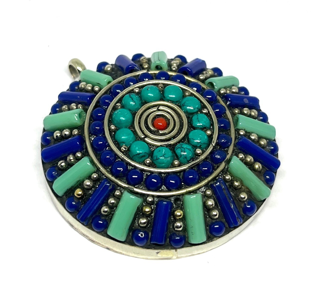Antique Lapis Turquoise Gemstone Tibetan Statement Pendant Jewelry, 2.0 inch