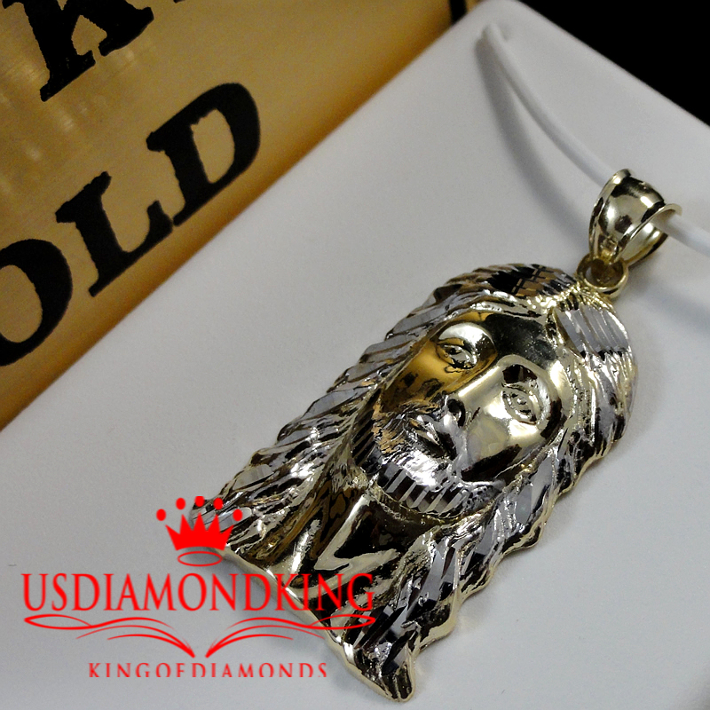 1OK TWO TONE GOLD DIAMOND CUT HOLY JESUS FACE CHARM PENDANT 1.5 INCH 3.7 GRAMS