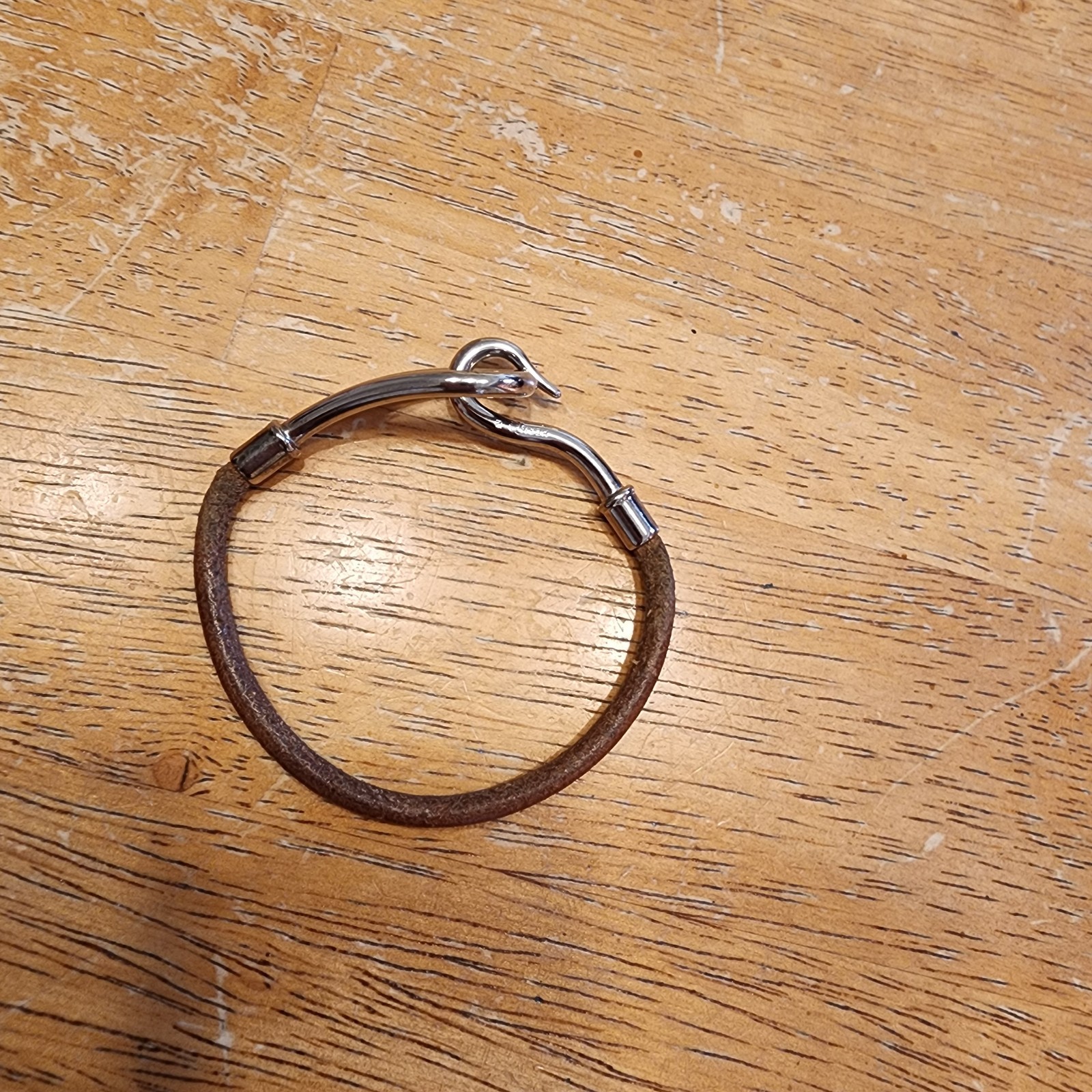 Hermès Palladium Plated Jumbo Hook Bracelet on Brown Leather cord