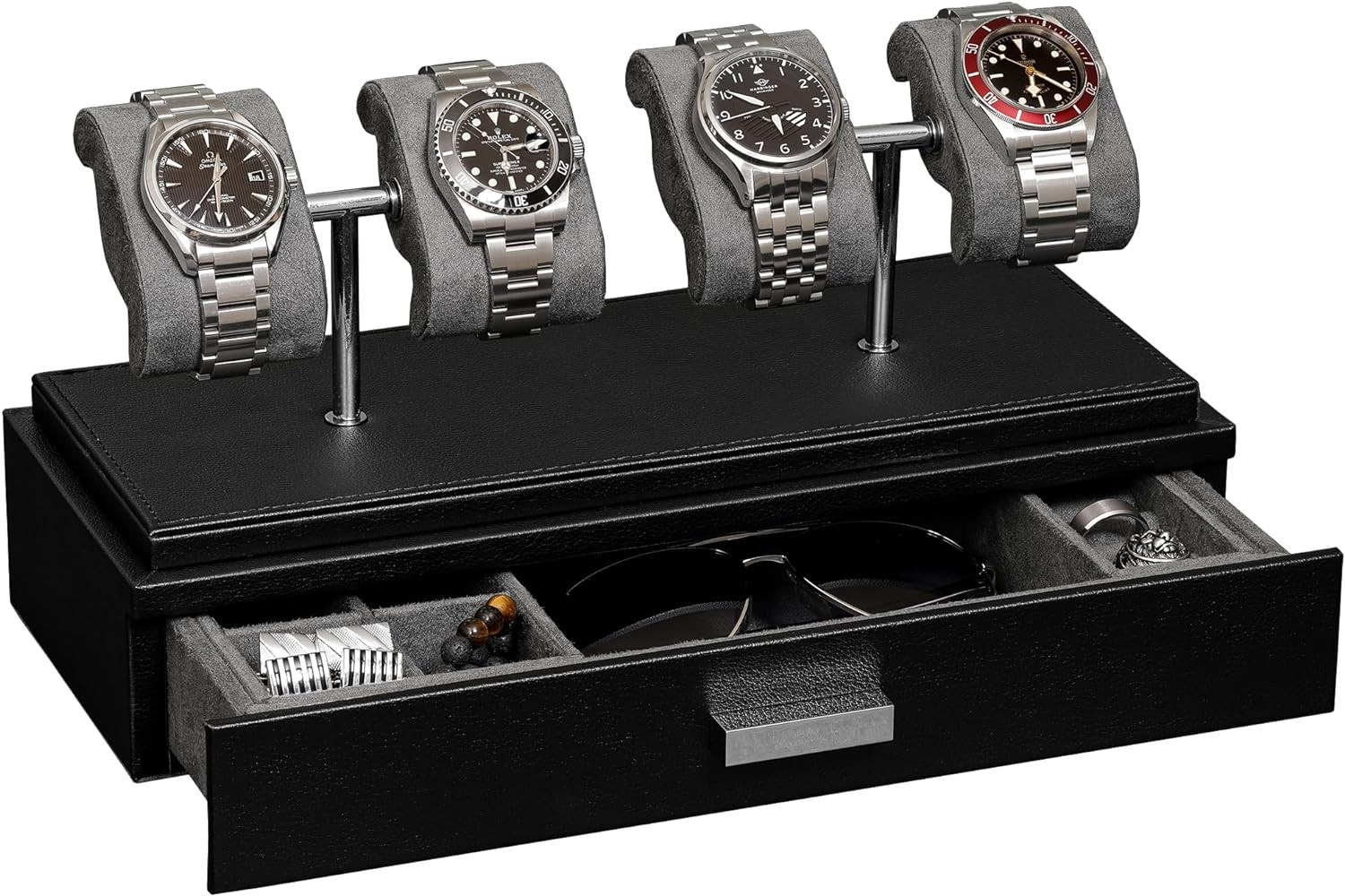 Elegant Leather Watch Display Case for 4 with Removable Cushions and Drawer