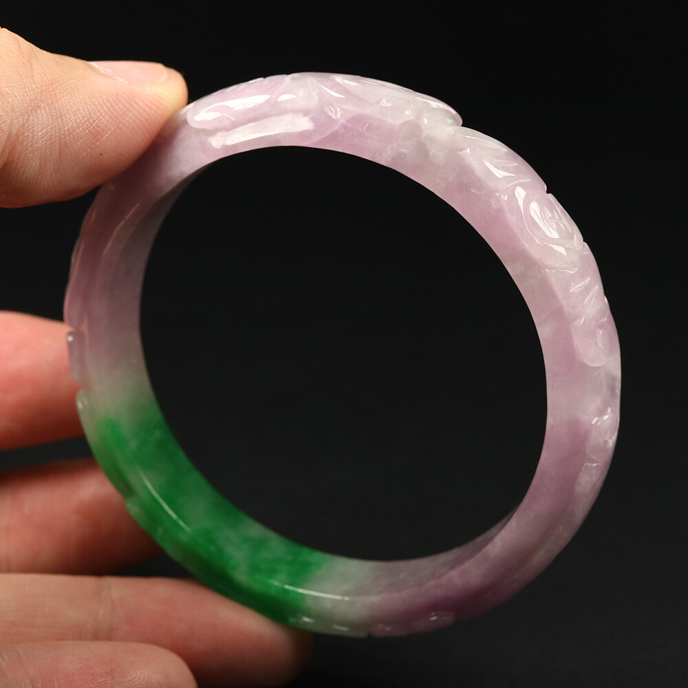 57mm Lavender Purple Green Jadeite Jade Bangle Bracelet Ruyi Bat Coin 11633