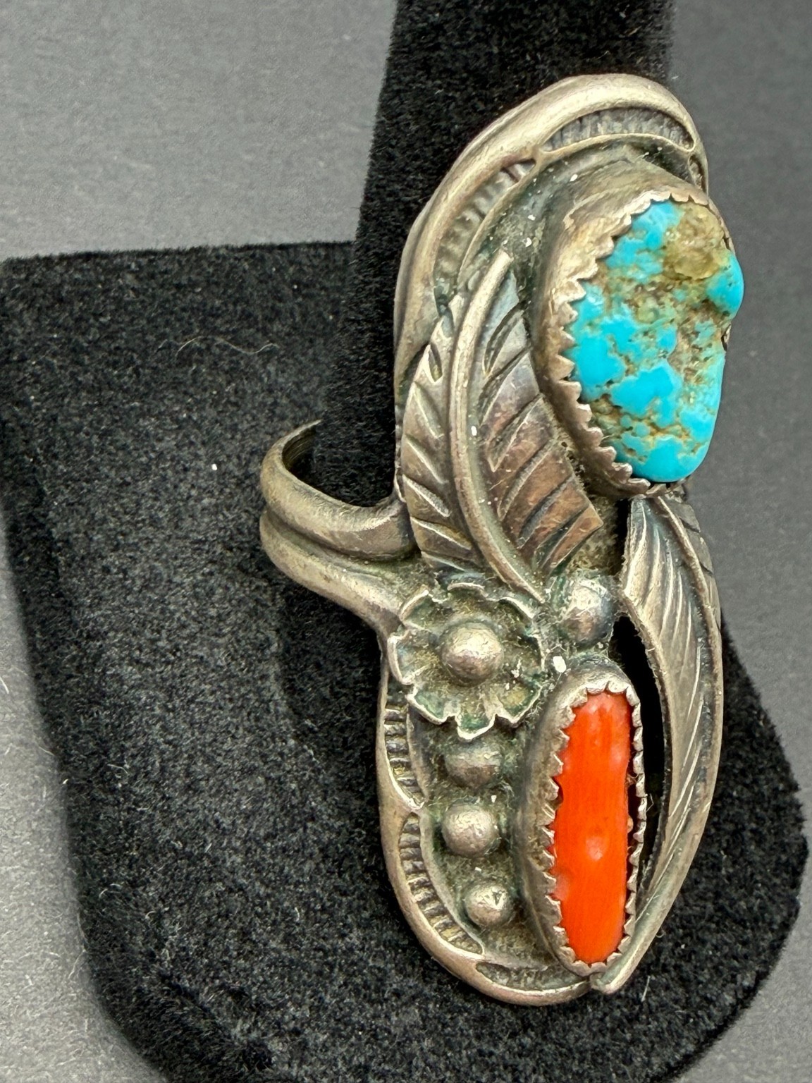 Vintage Navajo Turquoise Coral Sterling Silver Feather Ring Size 10.5 14.29g