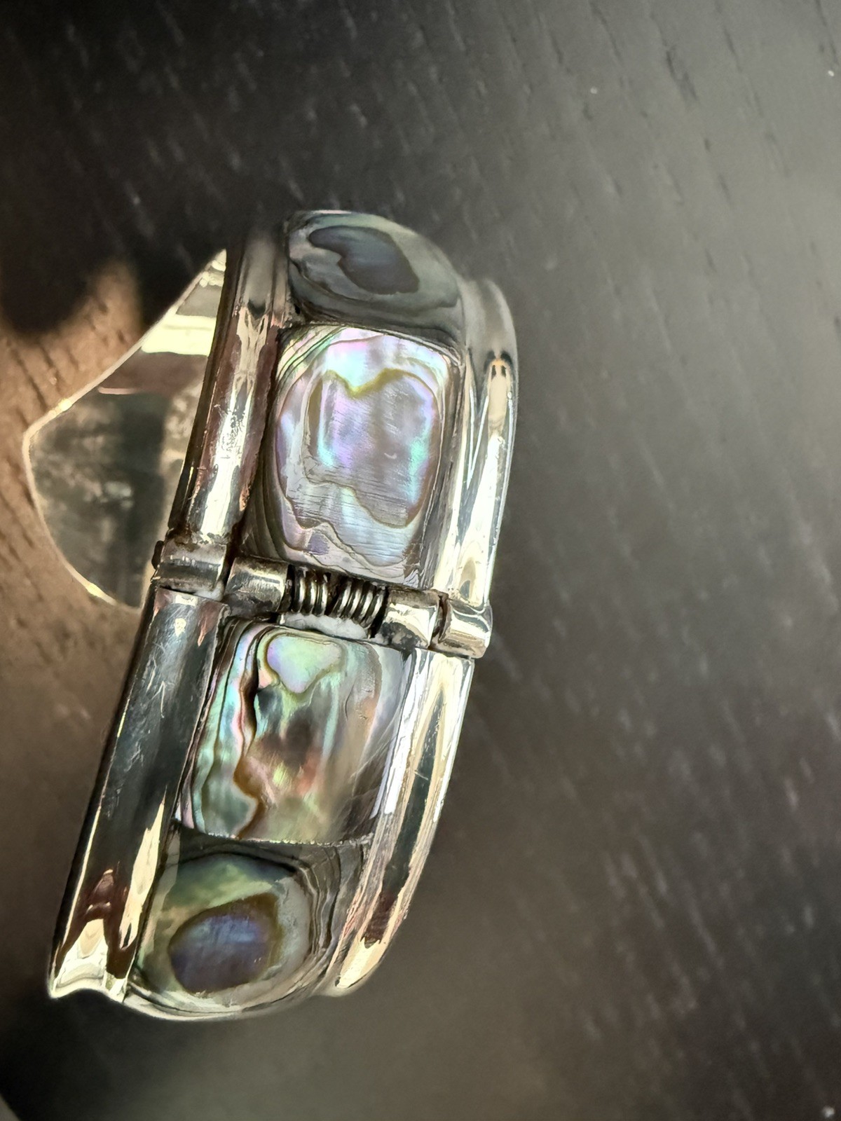 Vintage TAXCO Sterling Silver & Abalone Bypass Clamper Spring-Hinge TR-164