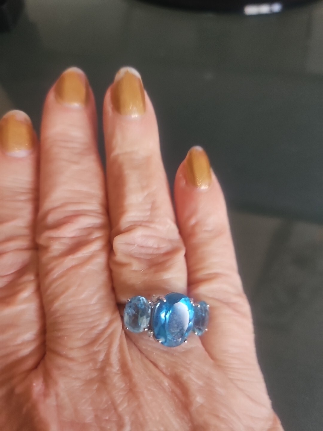 De Buman 10K White Gold GENUINE BLUE TOPAZ 3 STONES & Diamond Ring Size 7.75 New