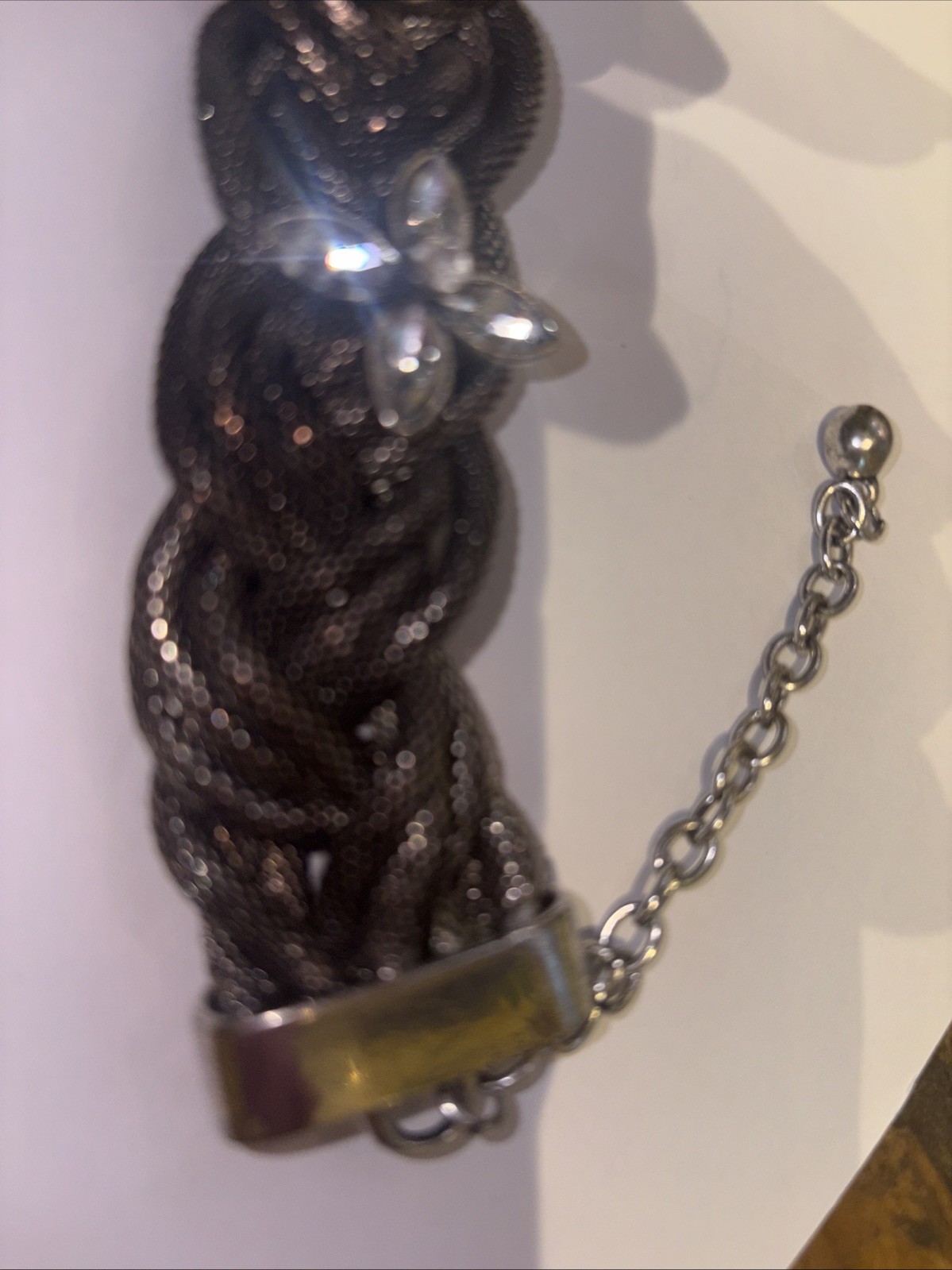 Rare Wide Vintage J. Crew Silver tone Knotted Mesh Crystal Rhinestone Bracelet