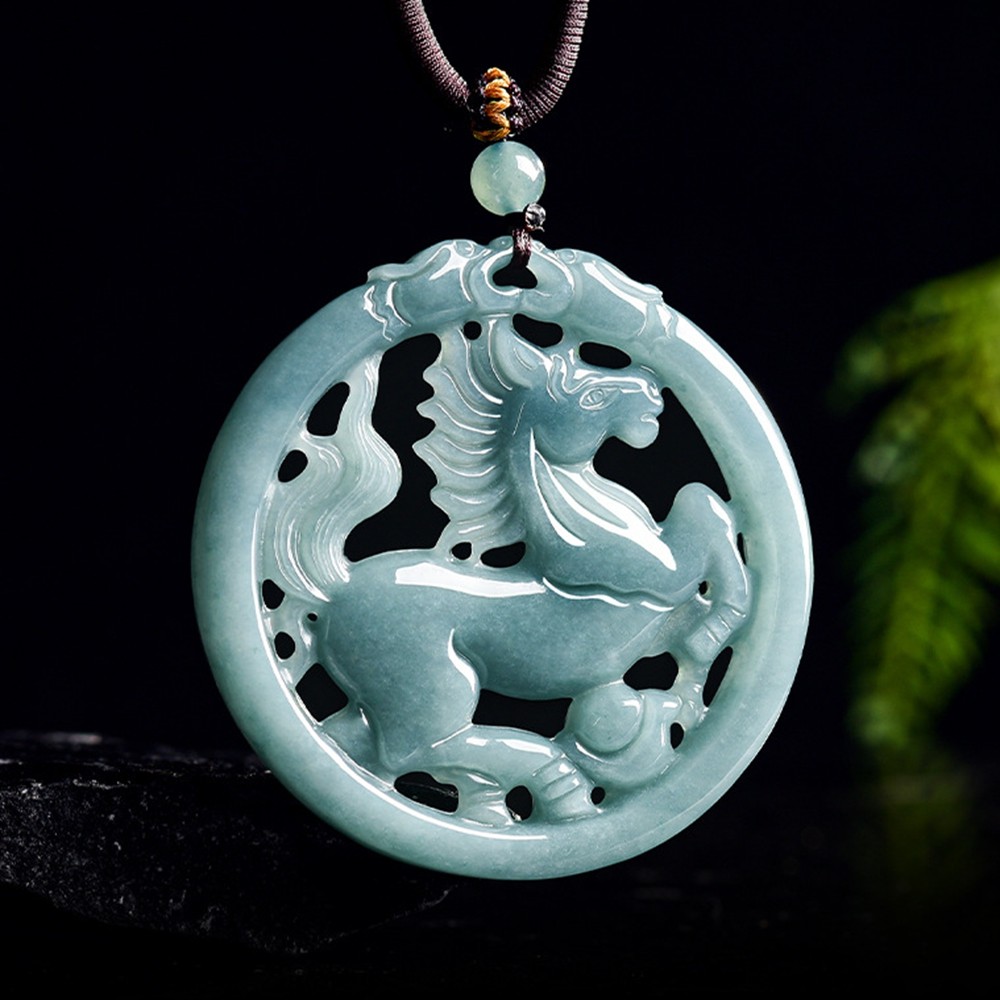 Certified Grade A Blue Water Burma Jade jadeite Zodiac Horse Pendant Necklace