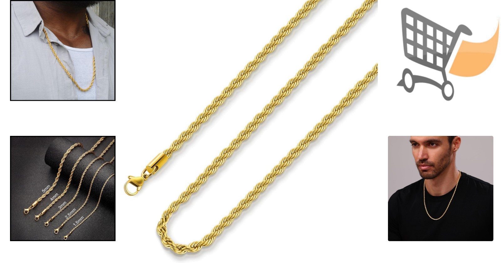 18K Gold Plated Rope Chain Necklace 1.5mm 2.5mm 5mm Stainless Steel