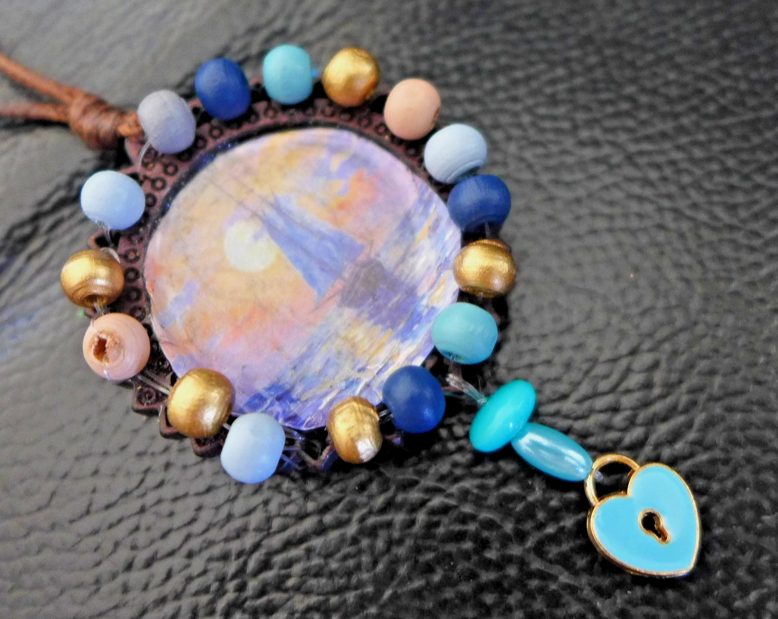 Handmade Necklace With Hand Painted Wood charm Natural Artistic Eco Beauty beads