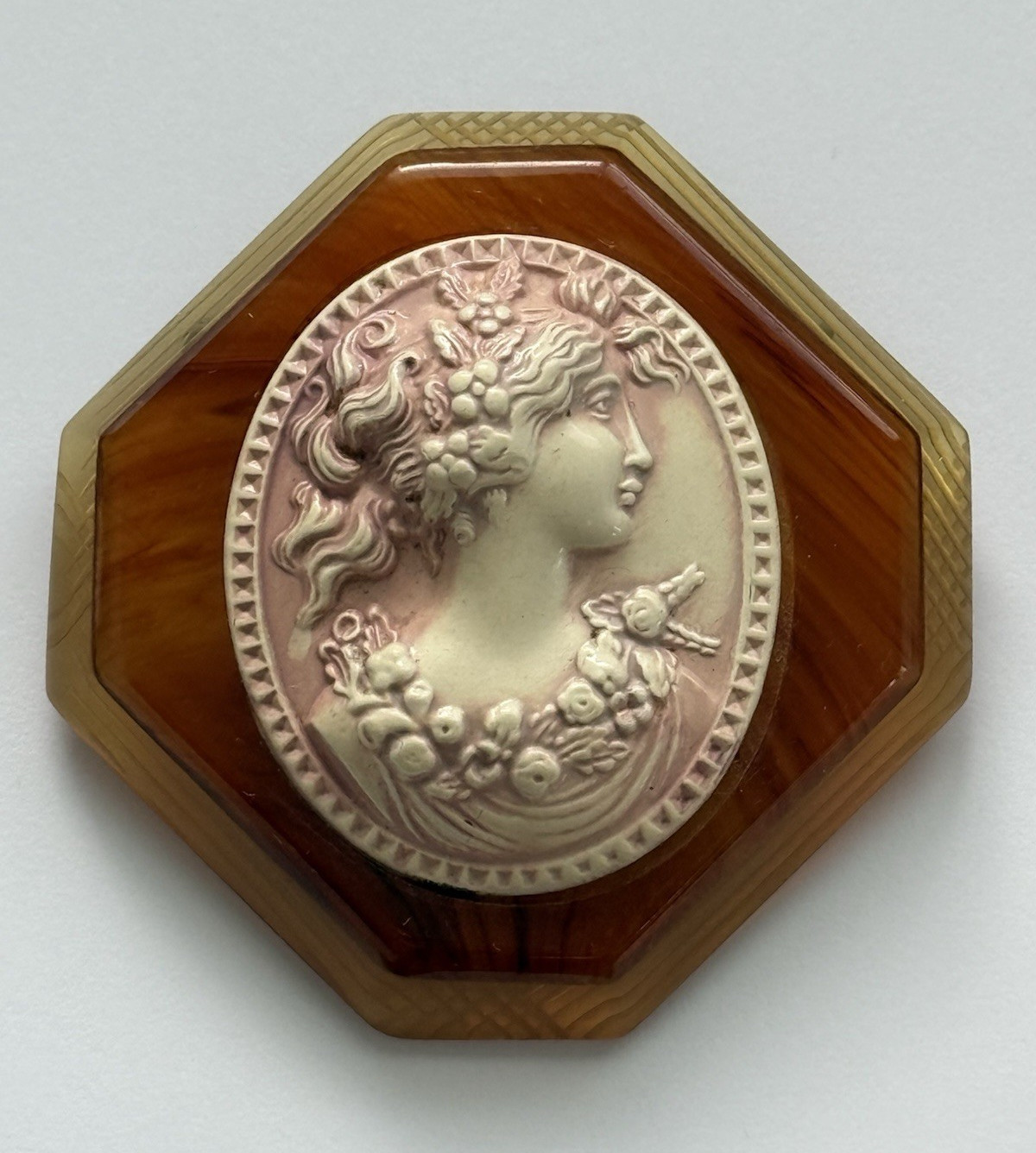 Vintage Art Deco Cameo Brooch Molded Celluloid Portrait on Hexagonal Bakelite