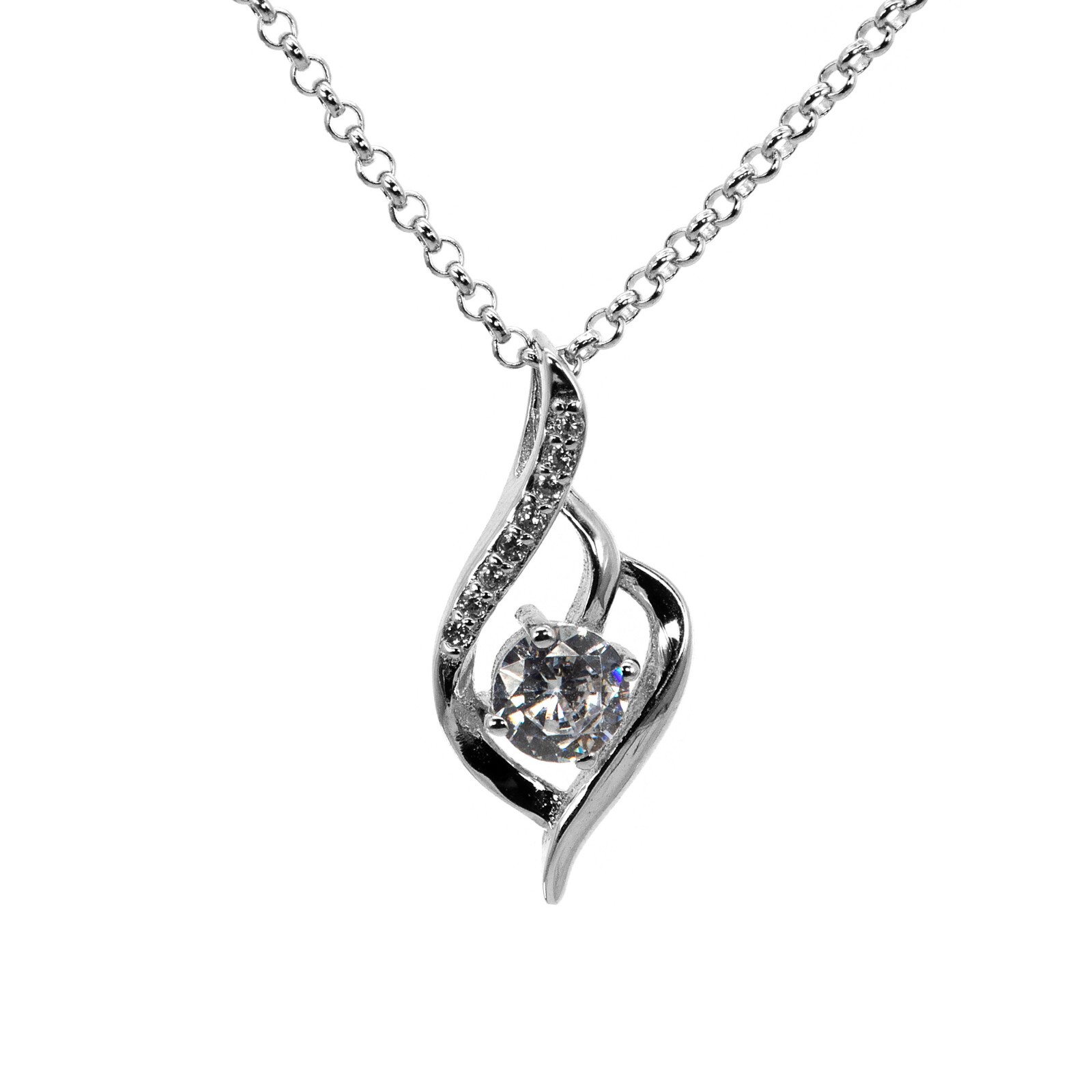 Round Rolo Chain Necklace Pendant Water Drop Zircon 925 Sterling Silver Women