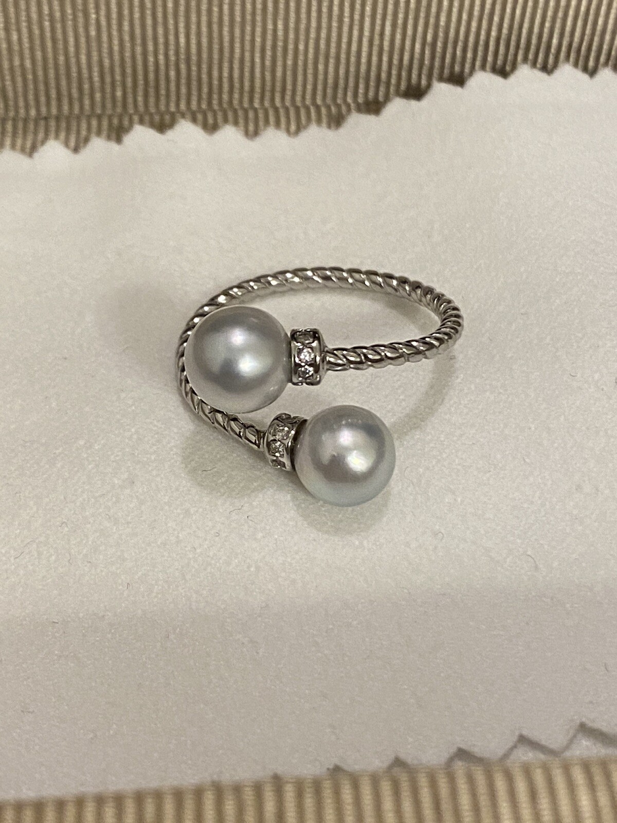 S925 Silver Gray Blue Akoya Sea Pearl Cable Rhinestone Ring