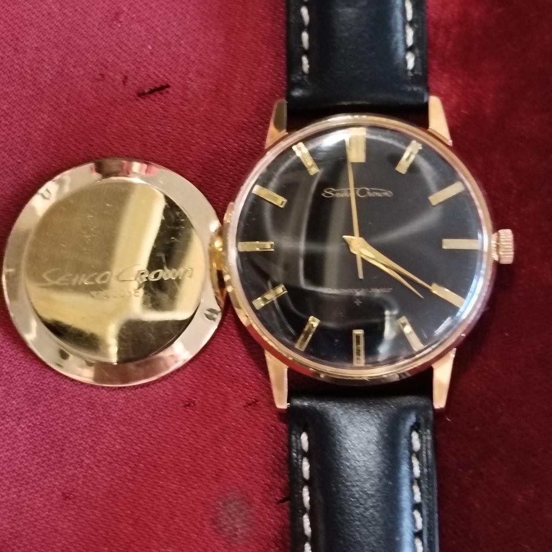 Seiko Crown Manual Wind Watch Black Dial Gold Plated 36mm Used