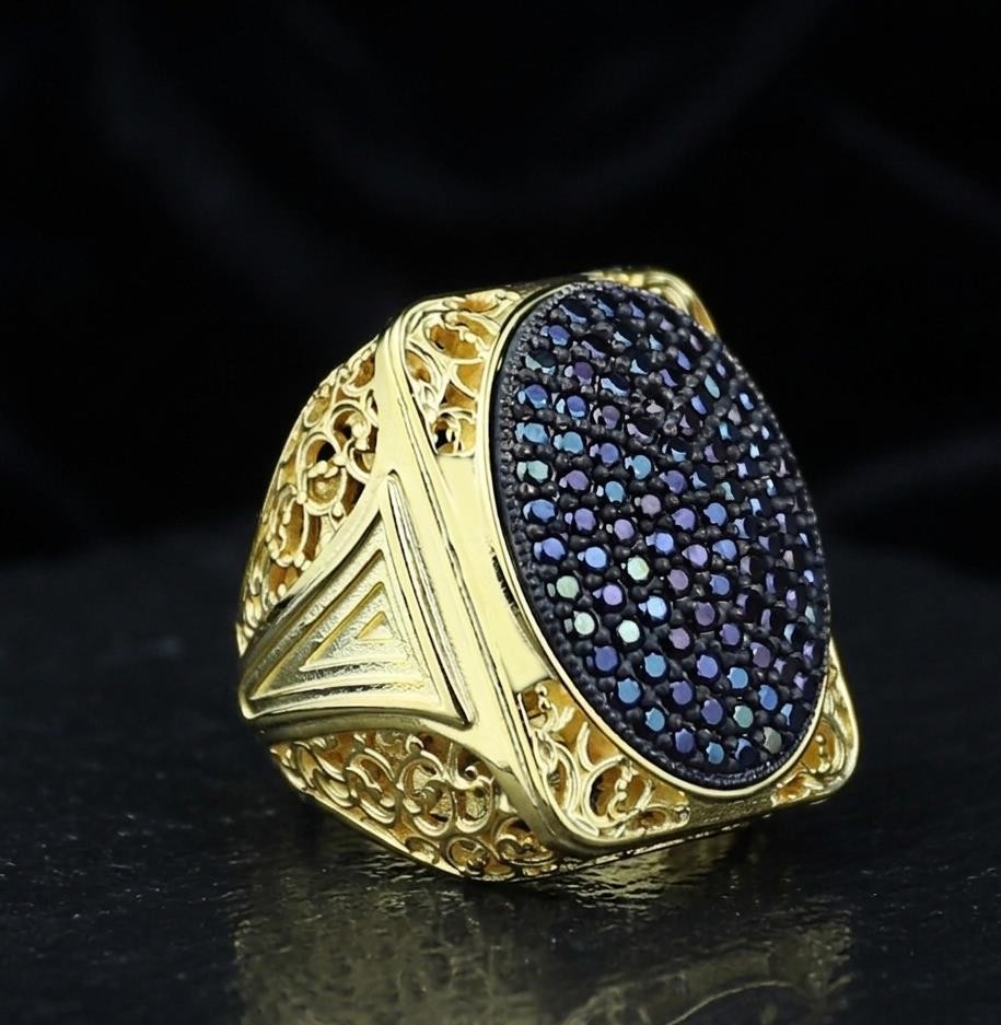 925 Men Silver Gold Black Onyx Handmade Big Ring Men Sterling Silver Ring