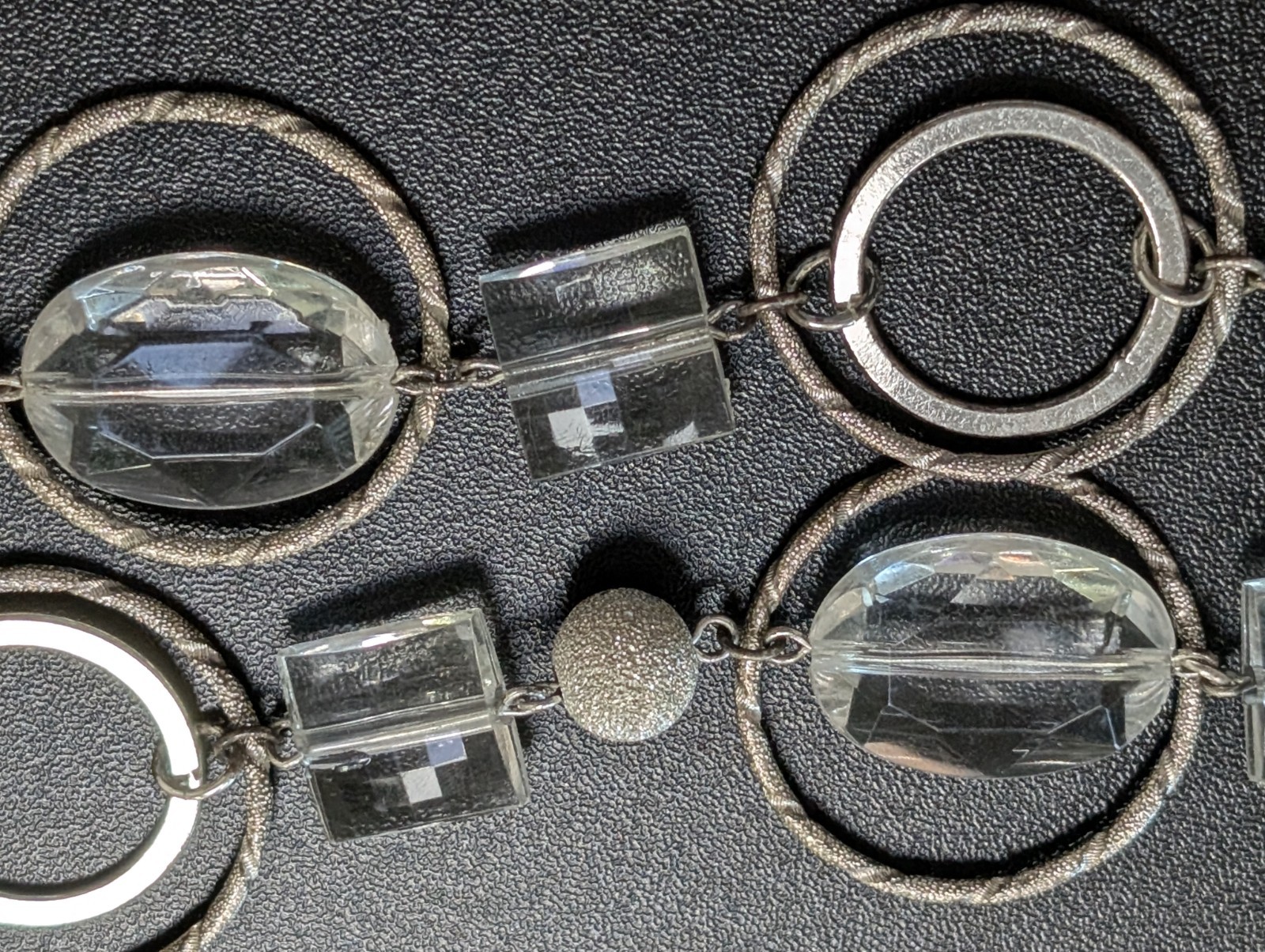 Vintage Silver Tone Geometric Station Necklace Clear Lucite Glass Hoops Textured