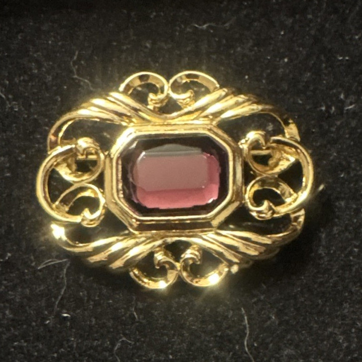 Gold Tone Filigree Oval Brooch Pin, Pink Octagon Glass Stone, Bezel Set