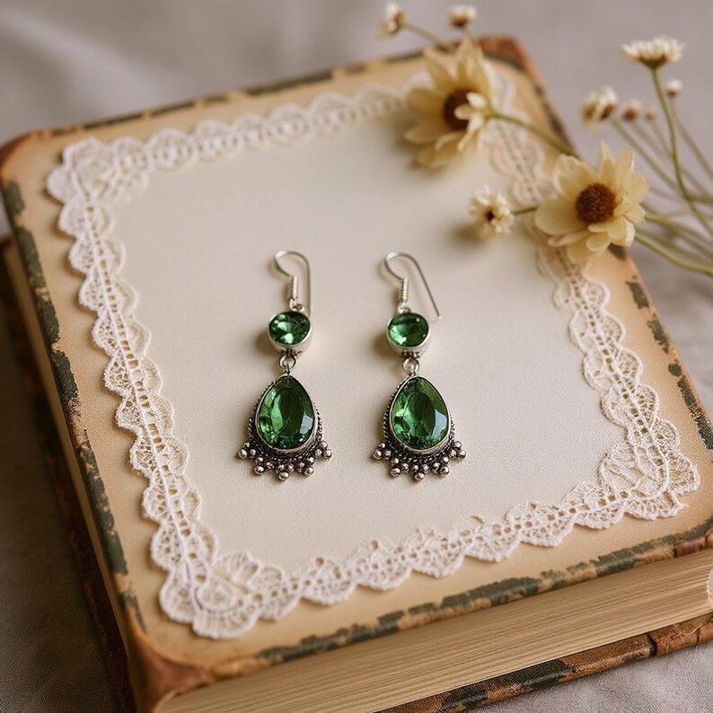 Handmade Peridot Dangle Earrings Antique Silver Teardrop Gemstone Jewelry