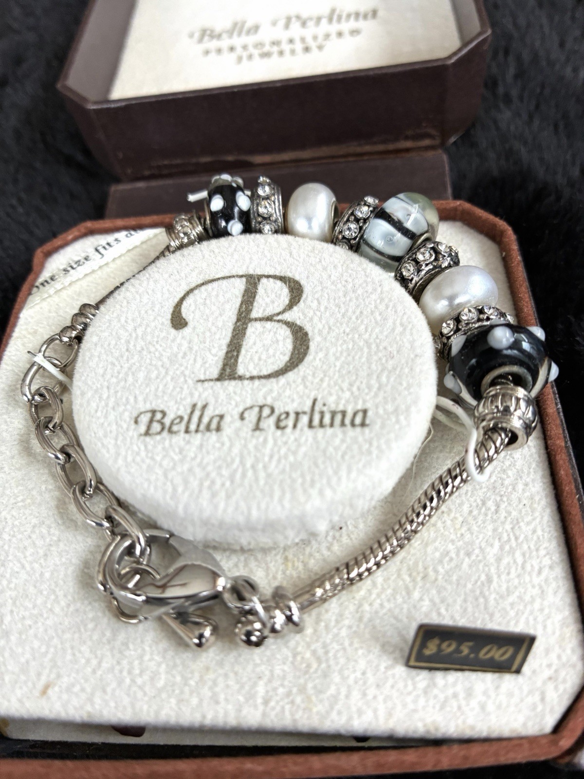 Bella Perlina Charm Crystal Bead Bracelet pearl Rhinestone Silver Tone New $95