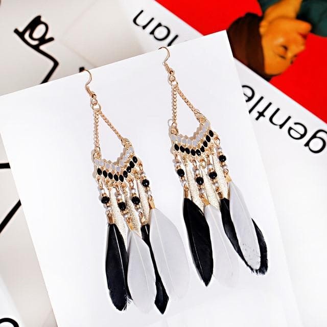 Black Gray Feather Feather Indian Earrings Ethnic #C704-3