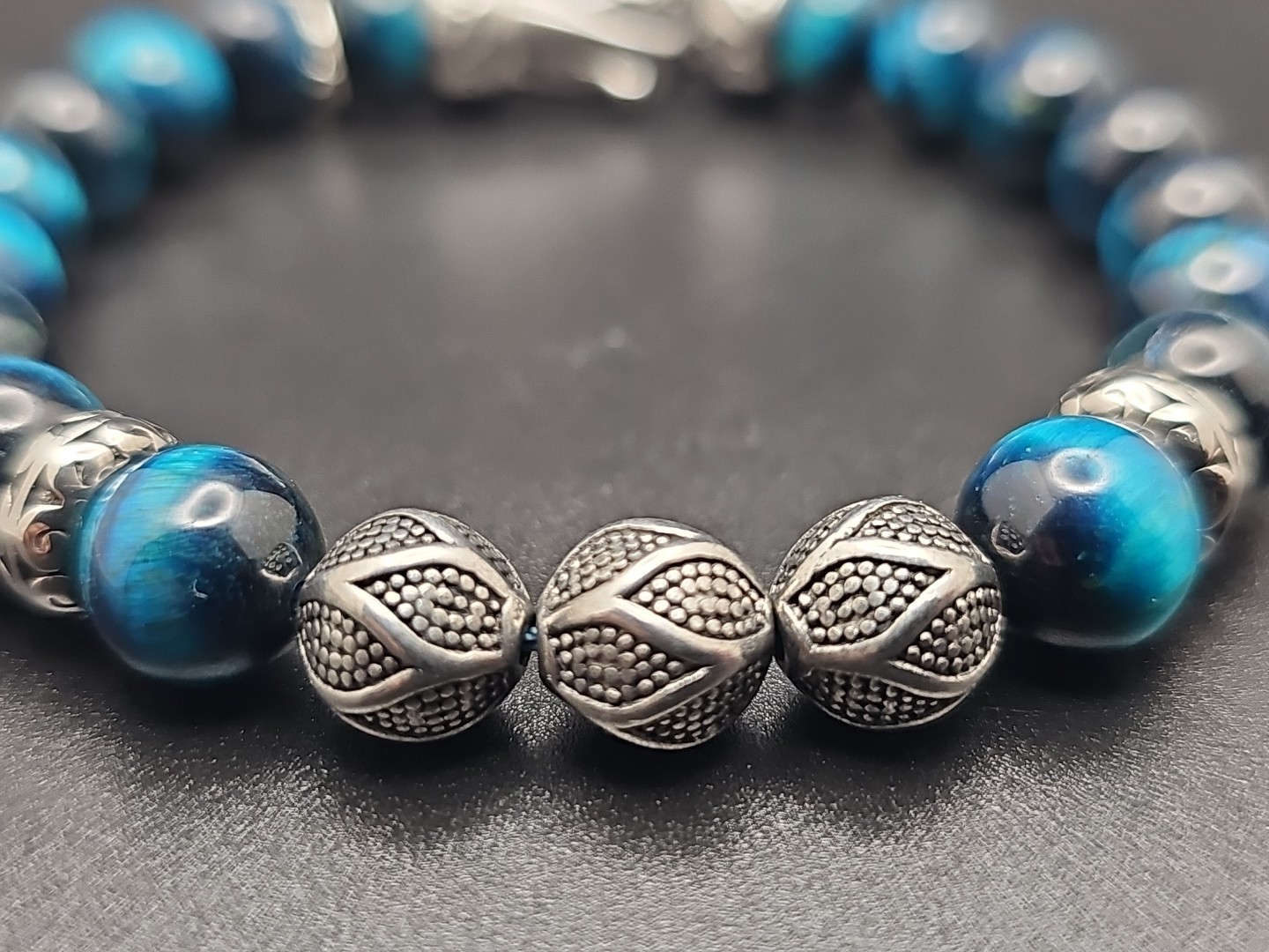 10mm Hand Made Deep Blue Tigers Eye Beaded Bracelet with Stainless Steel Clasp
