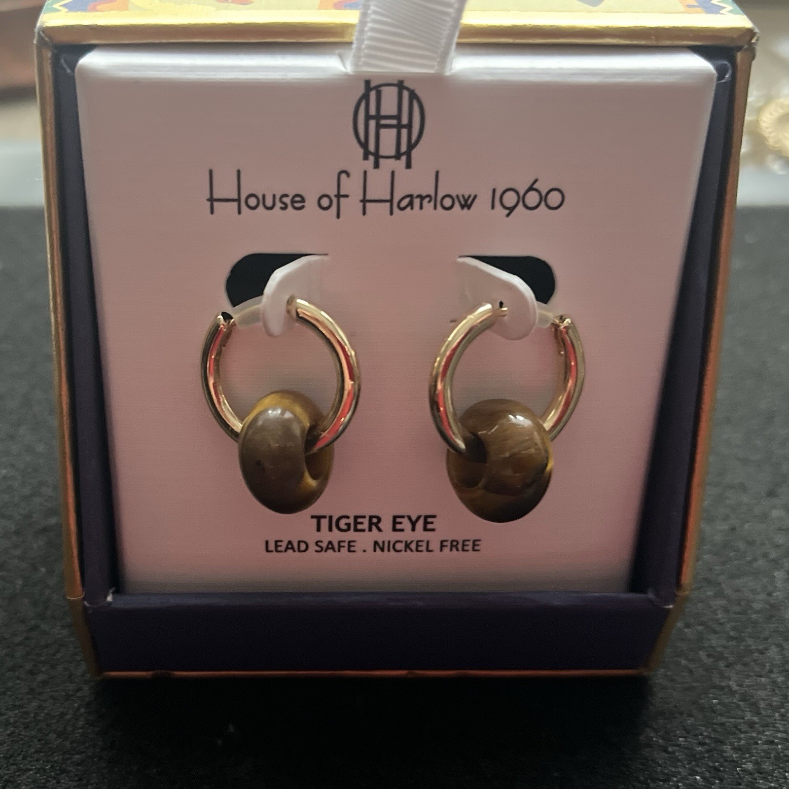 House of Harlow 1960 Tiger Eye Bead Charmed Huggie Hoop Earrings