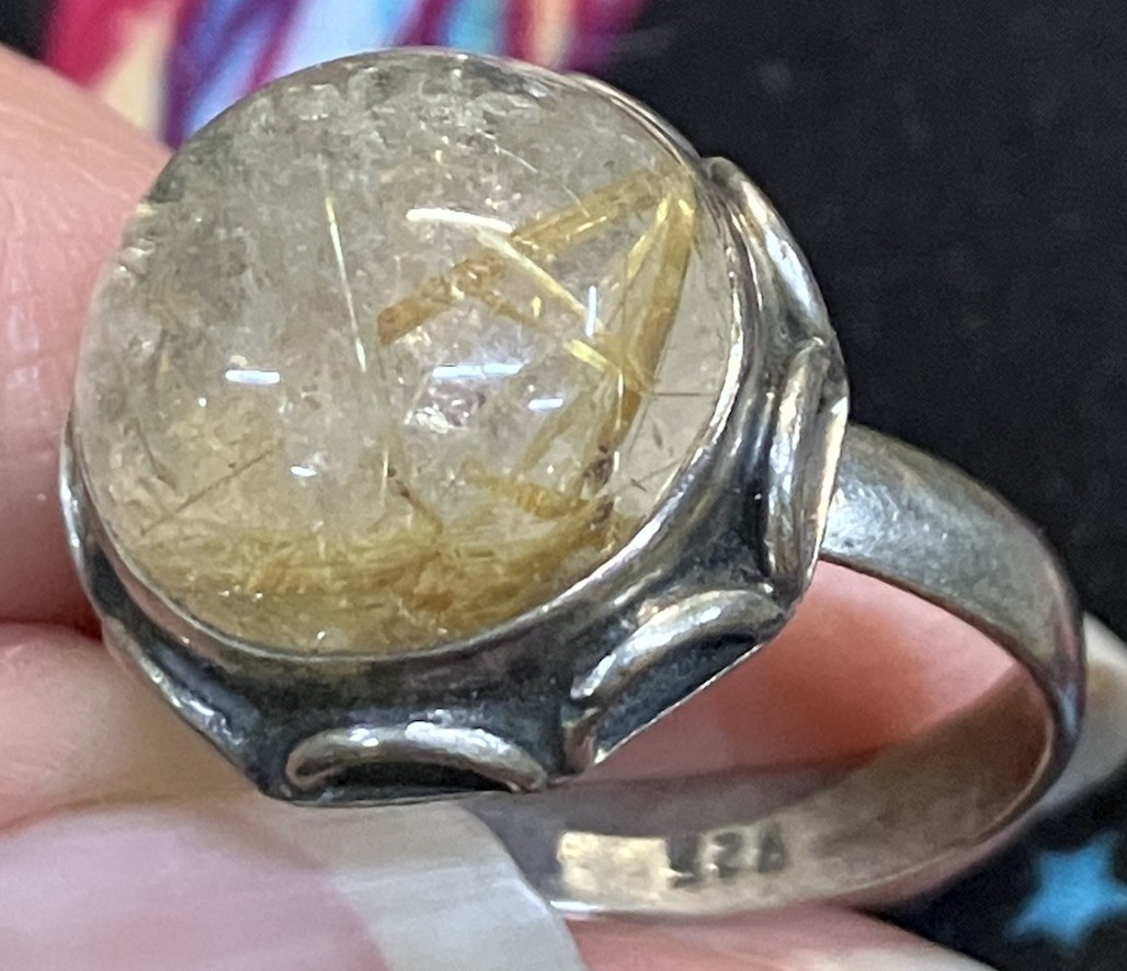 Sterling Silver ring featuring a natural golden rutilated quartz stone Size 8.5