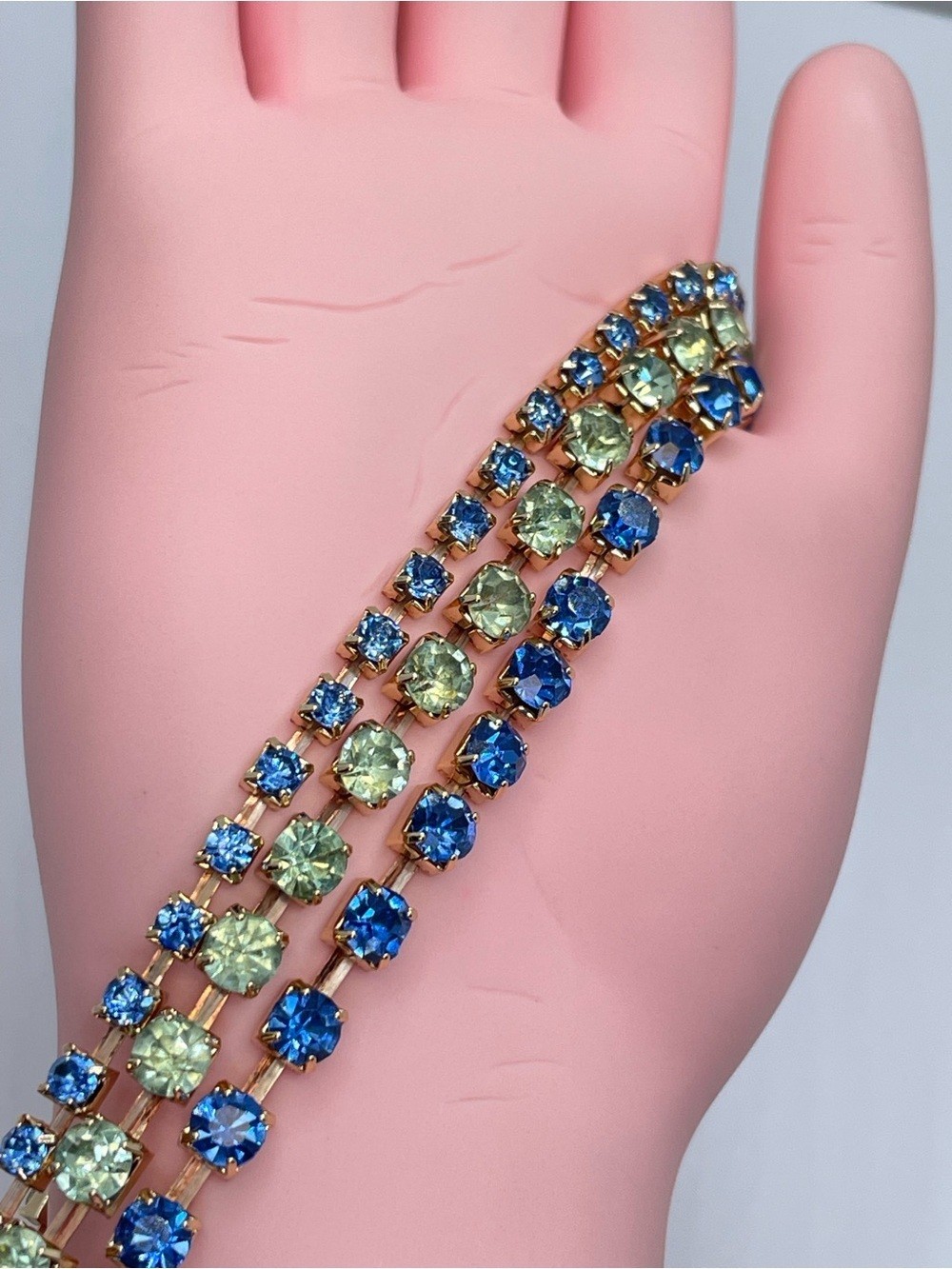 Gold Blue Green Crystal Glass Stackable Stretch Bracelet Set Boho