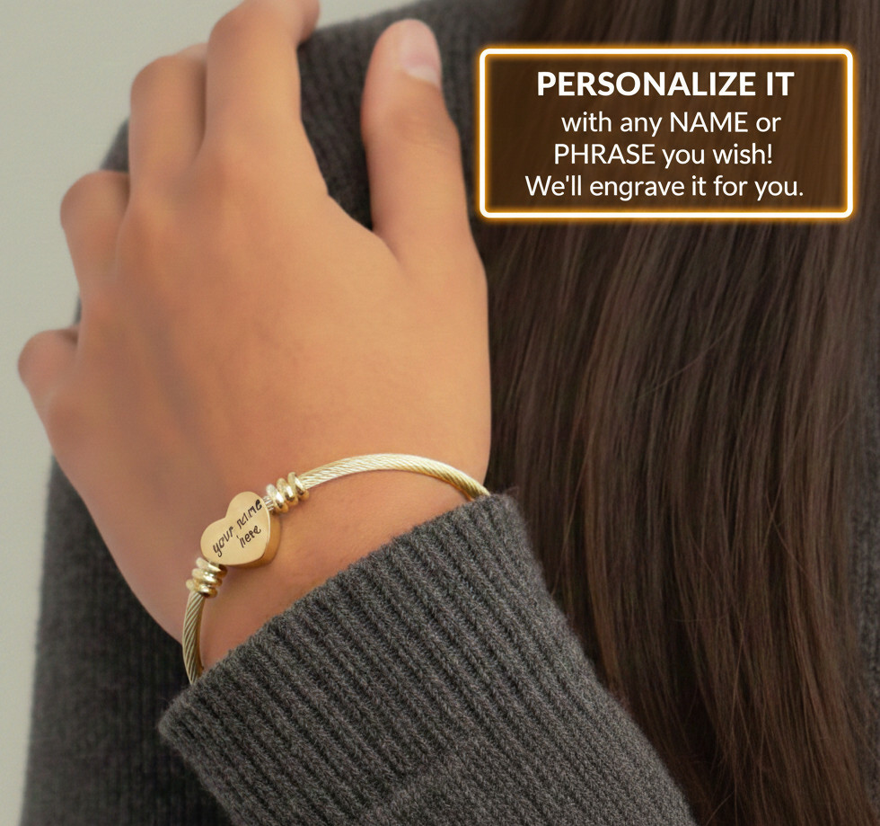 Personalized Heart Cuff Bracelet – Engraved Gift – 18K Gold PVD Coating
