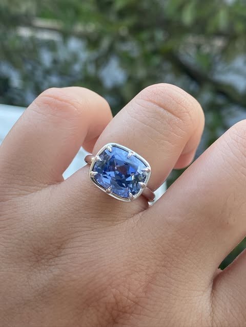 14K White Gold Bridal Ring, Blue sapphire Cushion Cut Diamond Ring in 4.00 Ct
