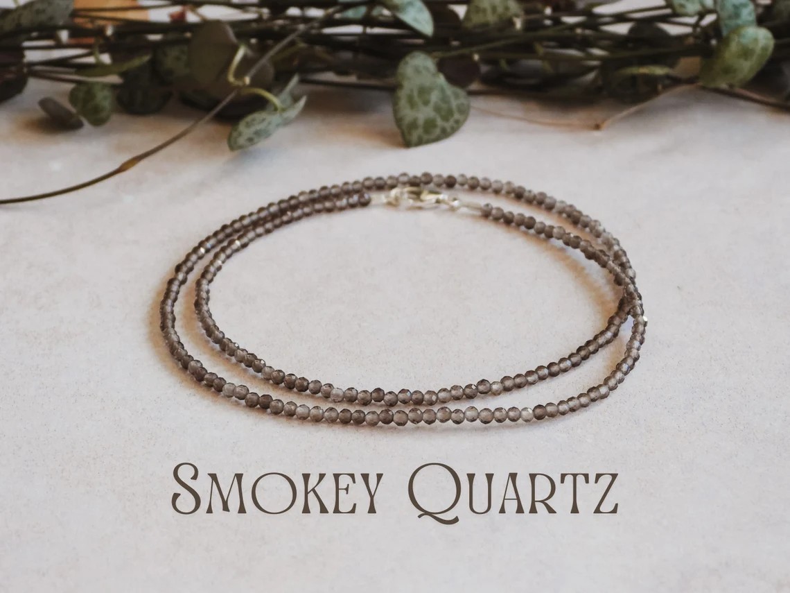 Smoky Quartz 2mm Crystal Gemstone Faceted Bead Minimalist Dainty Choker Necklace