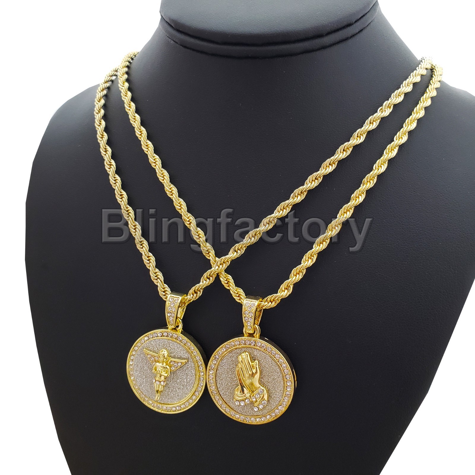 Gold plated Alloy Cubic Zirconia Baby Angel & Praying Hands & 24″ Chain Necklace