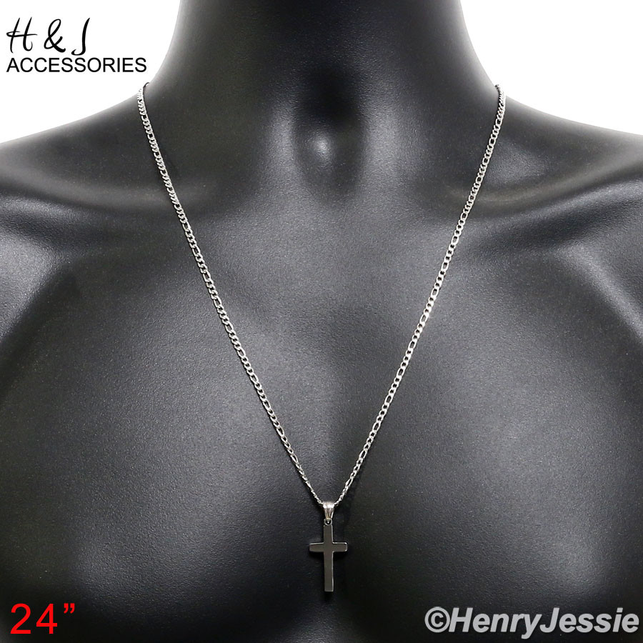 24″Stainless Steel 3mm Silver Figaro Chain Necklace Small Plain Cross Pendant*67
