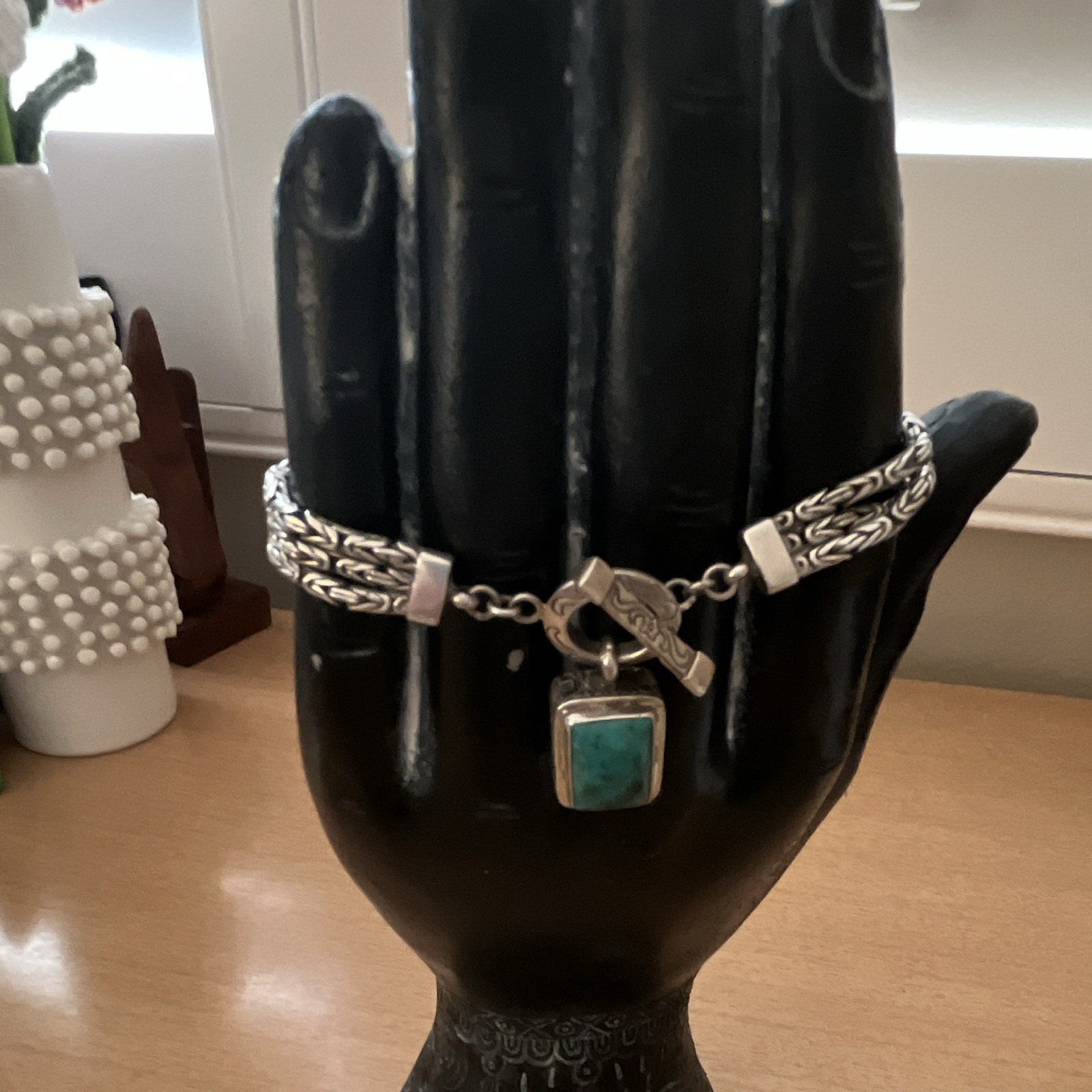 Vintage Sterling Silver 925 Triple strand bracelet w/turquoise 8”