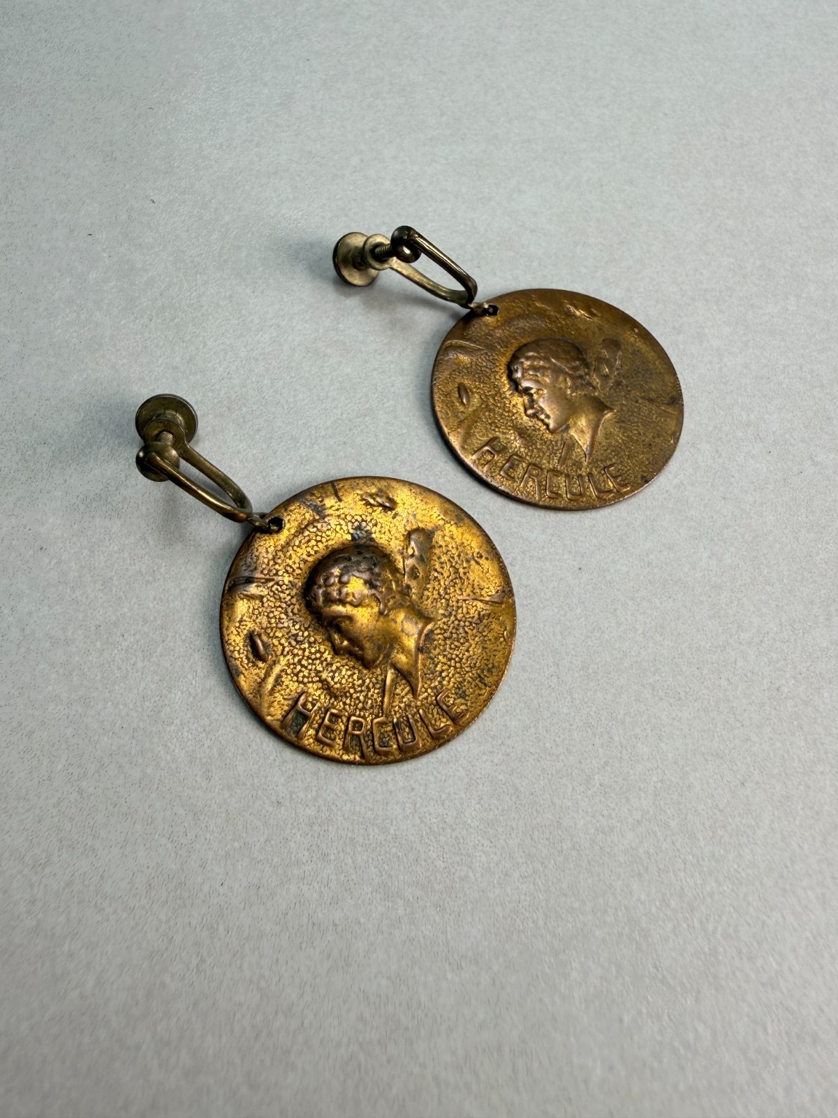 Vintage Hercules Roman Coin Screw Back Earrings Bronze Tone Mythology Medallion