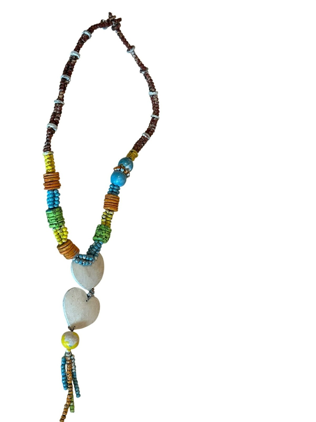Handcrafted Colorful Beaded Necklace Heart Pendant Tassel Rustic Shabby Chic
