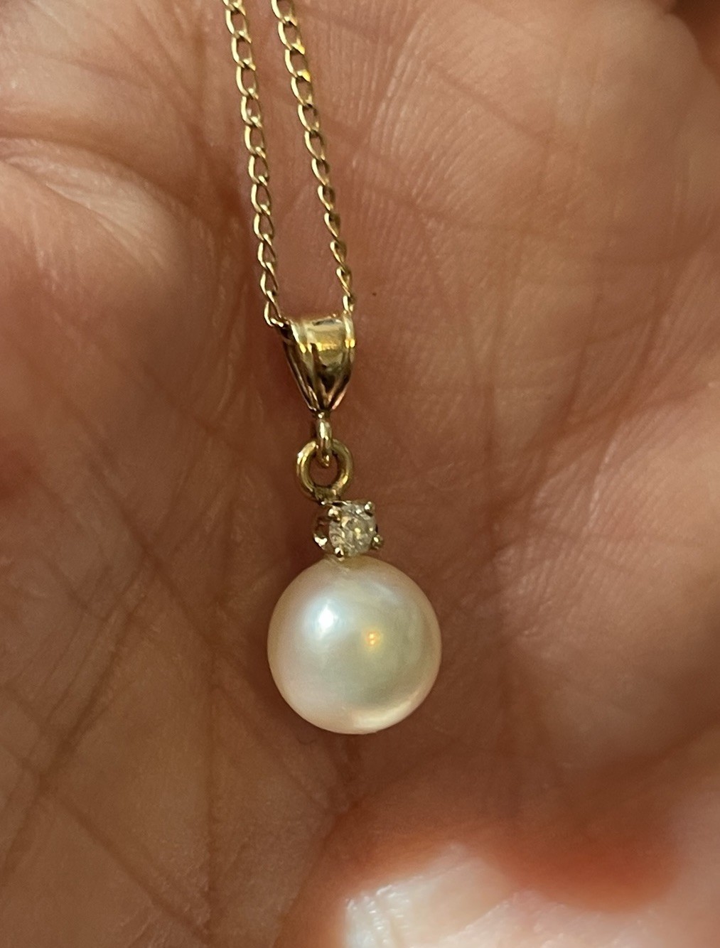 14K Yellow Gold Necklace Pearl Diamond Pendant Solitaire 6.9mm 17″ Chain Vtg WRC