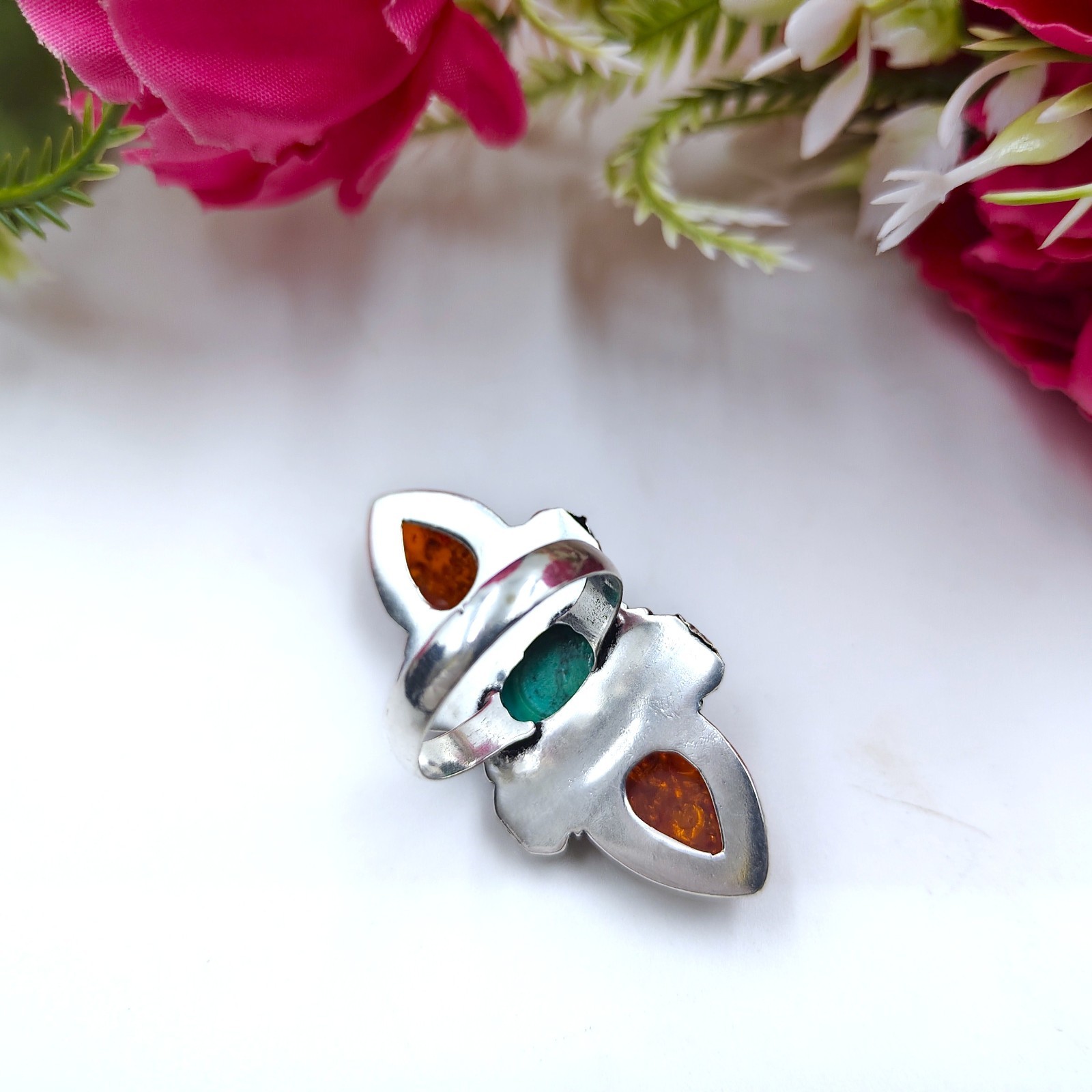 Baltic Amber&Turquoise Gemstone 925 Serling Silver Jewelry Ring All Size