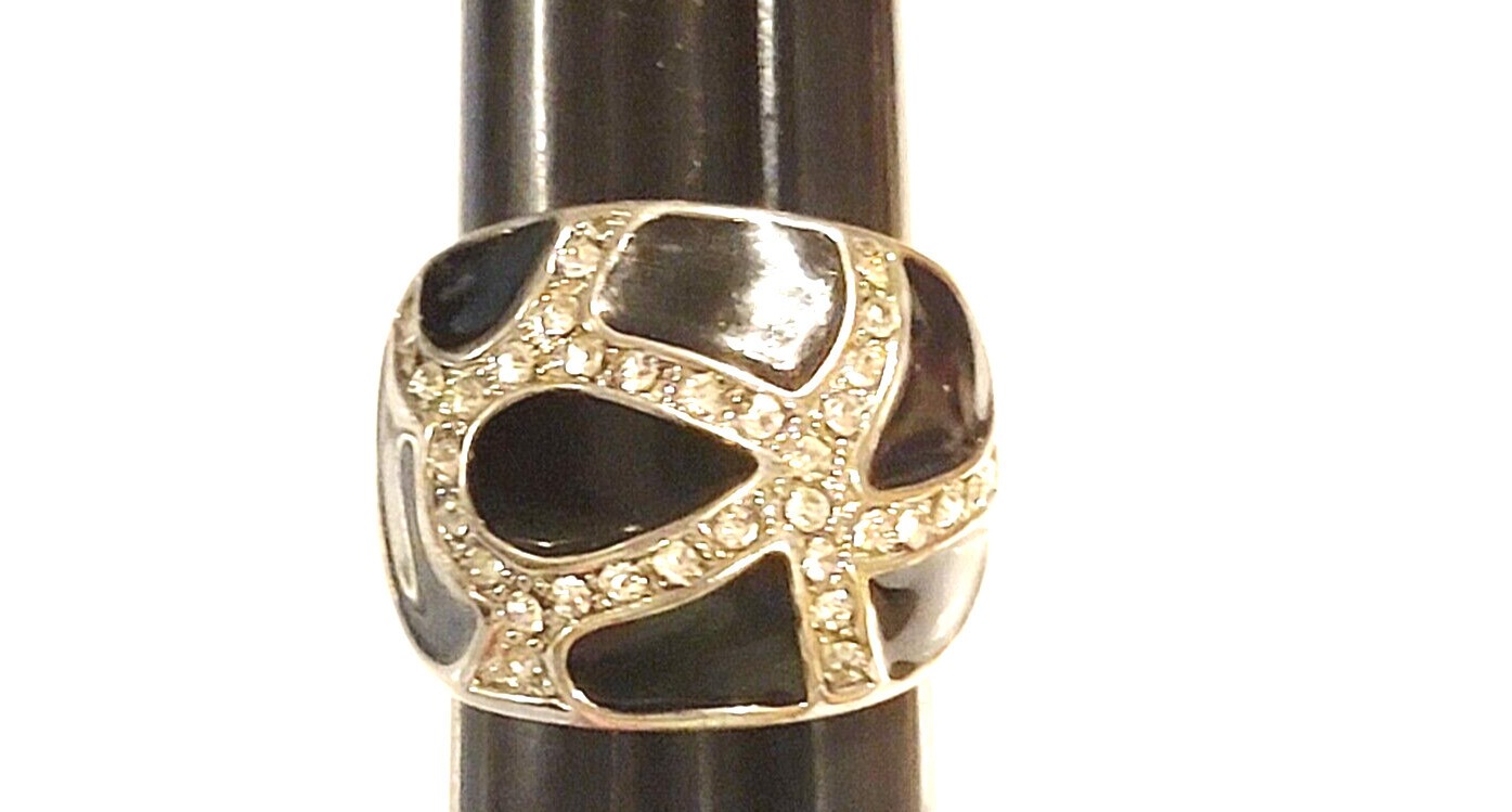 Modernist Black Enamel Rhinestone Ring Size 6.5 Contemporary Jewelry r-38