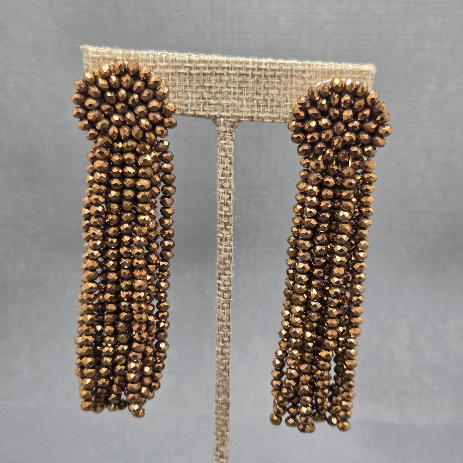 Signed BaubleBar bronz Metallic Beaded Tassel Post Earrings 3.5 Inches Long