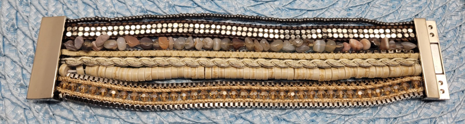 Victoria Emerson Natural Beaded Wrap Cuff Bracelet Multi Strand, Layered Magnet