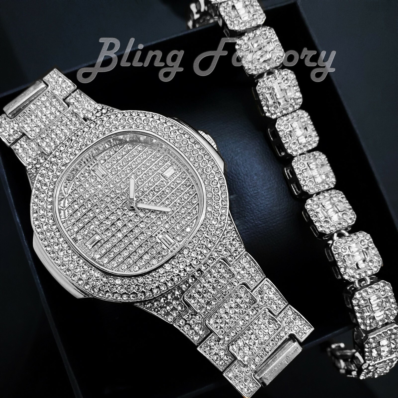 MEN’S HIP HOP SILVER PLATED ALLOY WATCH & ICED CUBIC ZIRCONIA BLING BRACELET